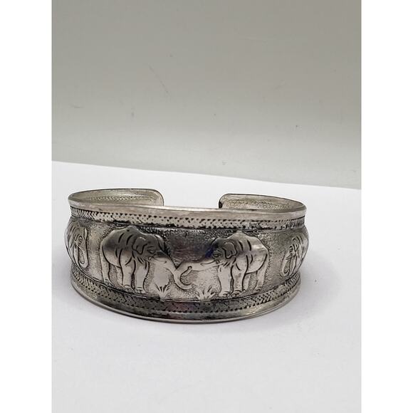 Vintage Elephant Cuff Bracelet Wide Metal Band Etched Design Boho Tribal Style - Picture 2 of 11